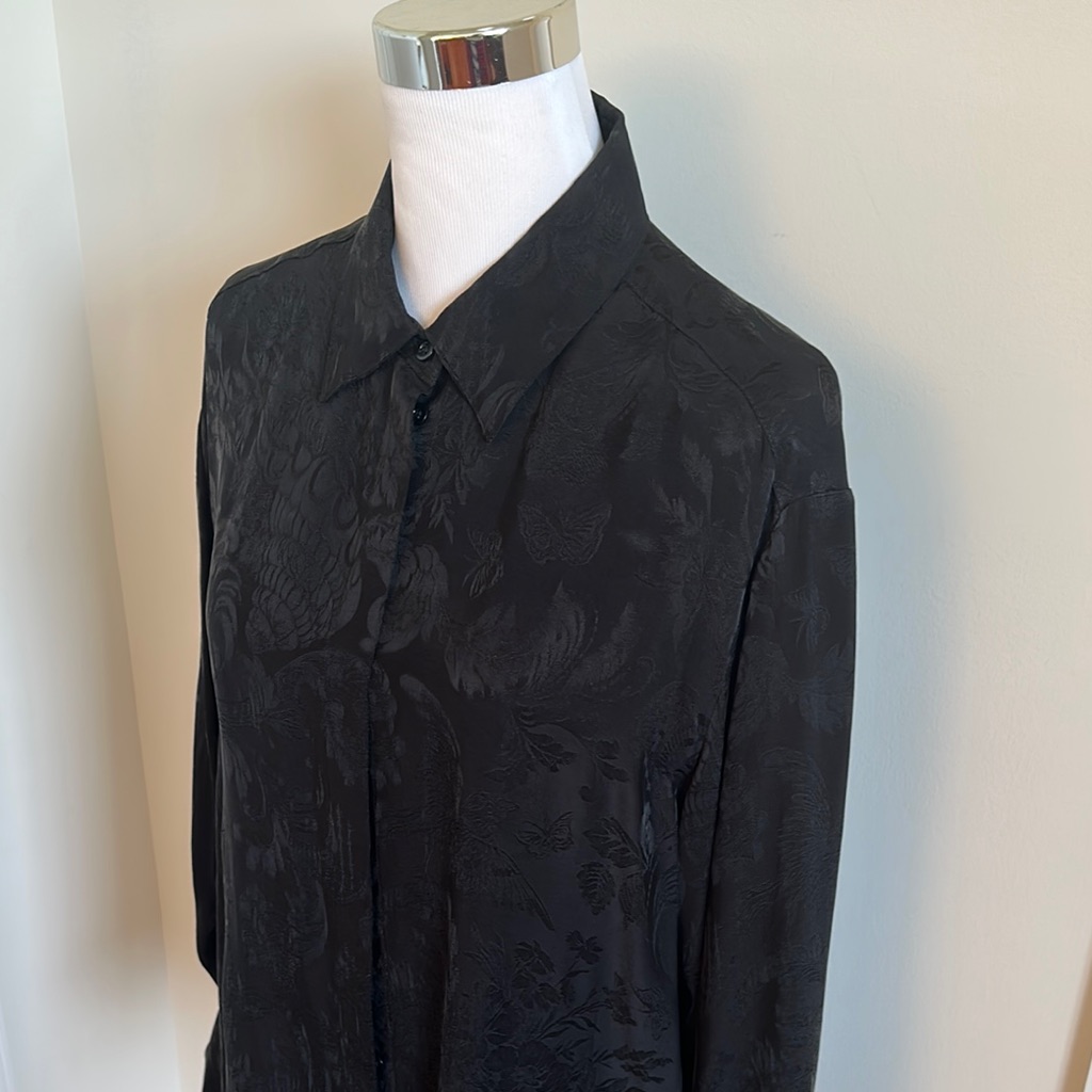 Women's Acne Studios Black Satin Jacquard Long Sleeve Shirt. Size 36.